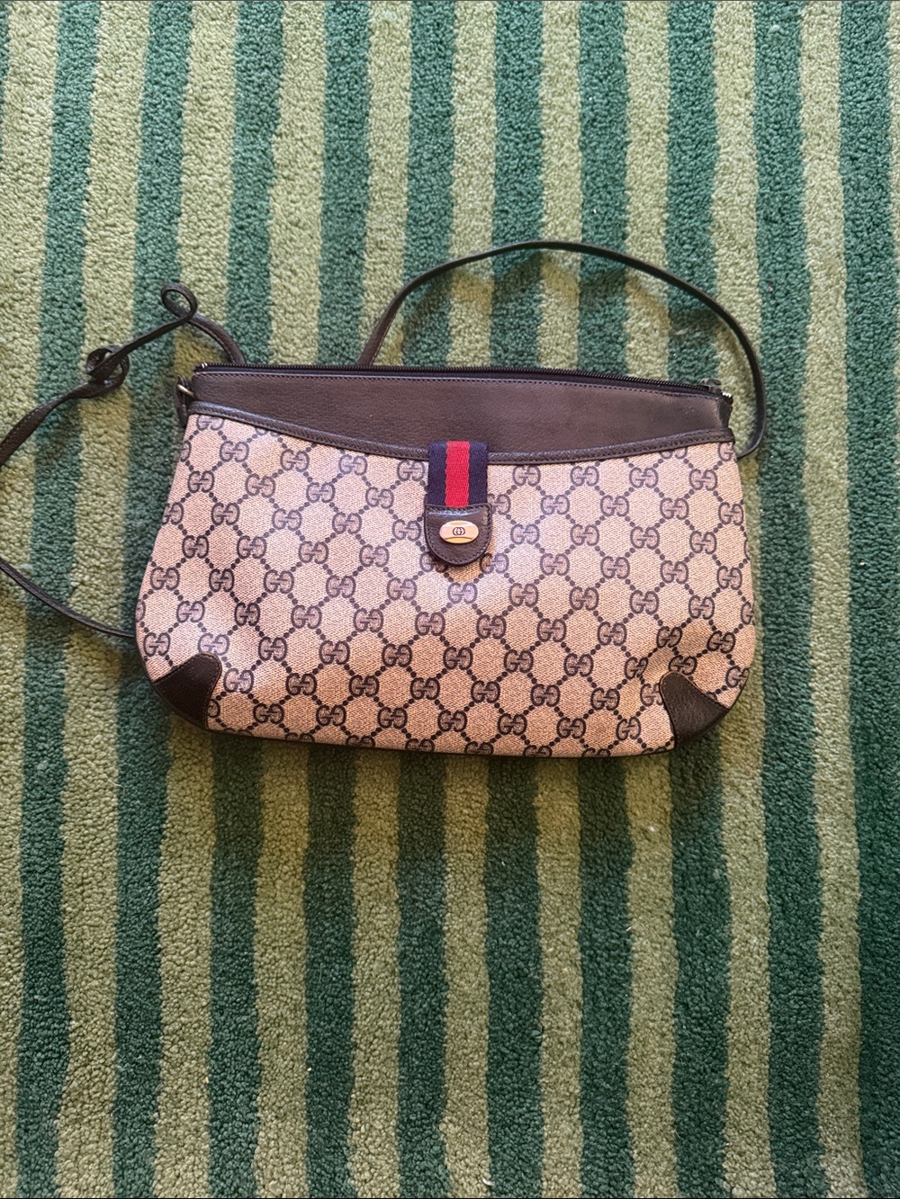 (Vintage 80s) Gucci Beige Monogram Shoulder Bag with Navy and Red Web